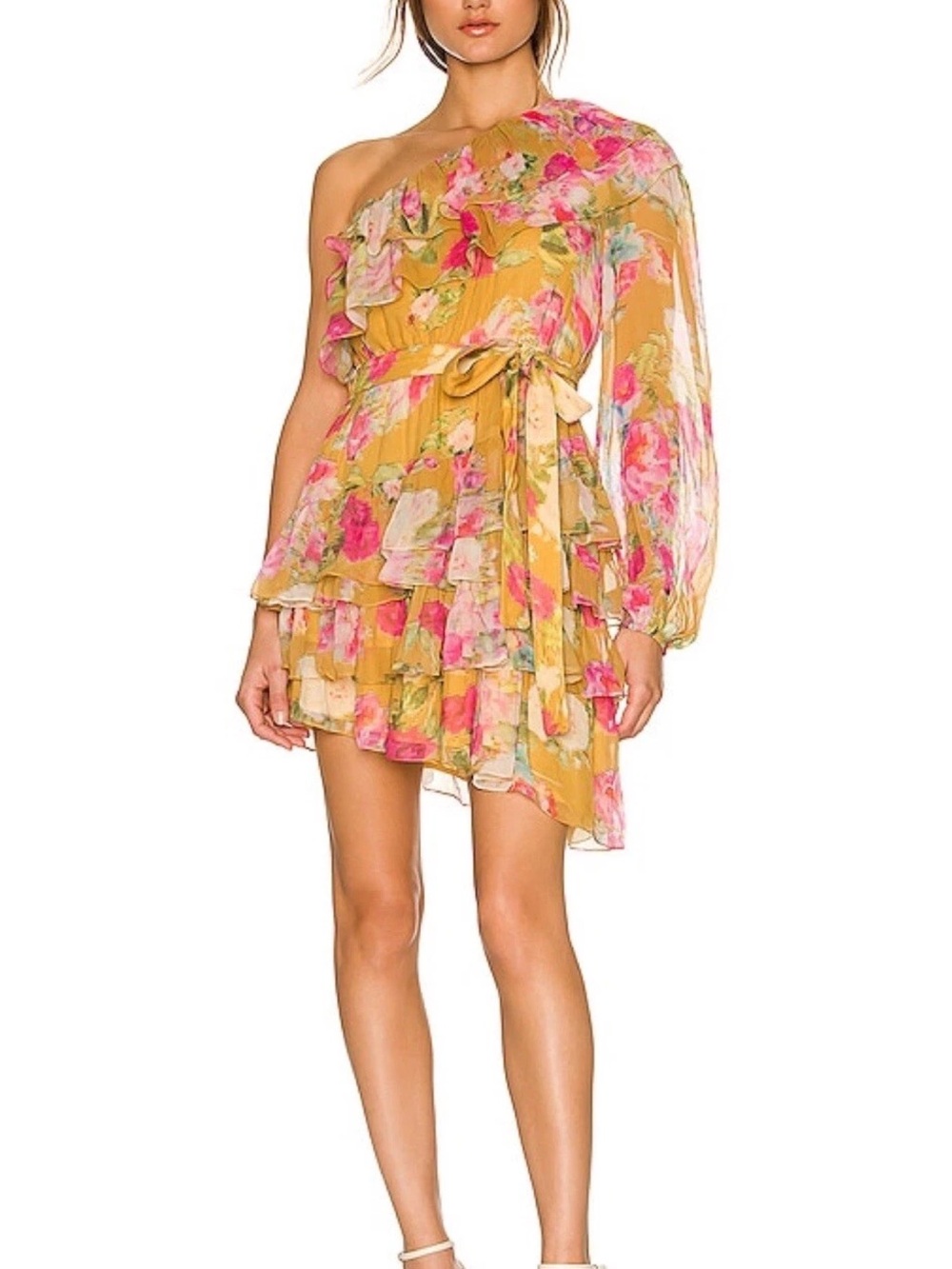 NWOT XS Women's One Shoulder Floral Print Ruffle Mini Dress